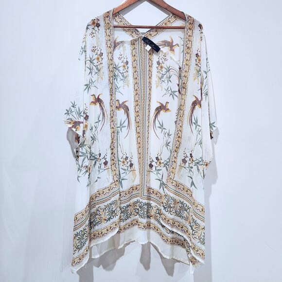 Blue Rain White Floral Open Lightweight Sheer Kimono Cover Up Size Medium Boho - Picture 1 of 8